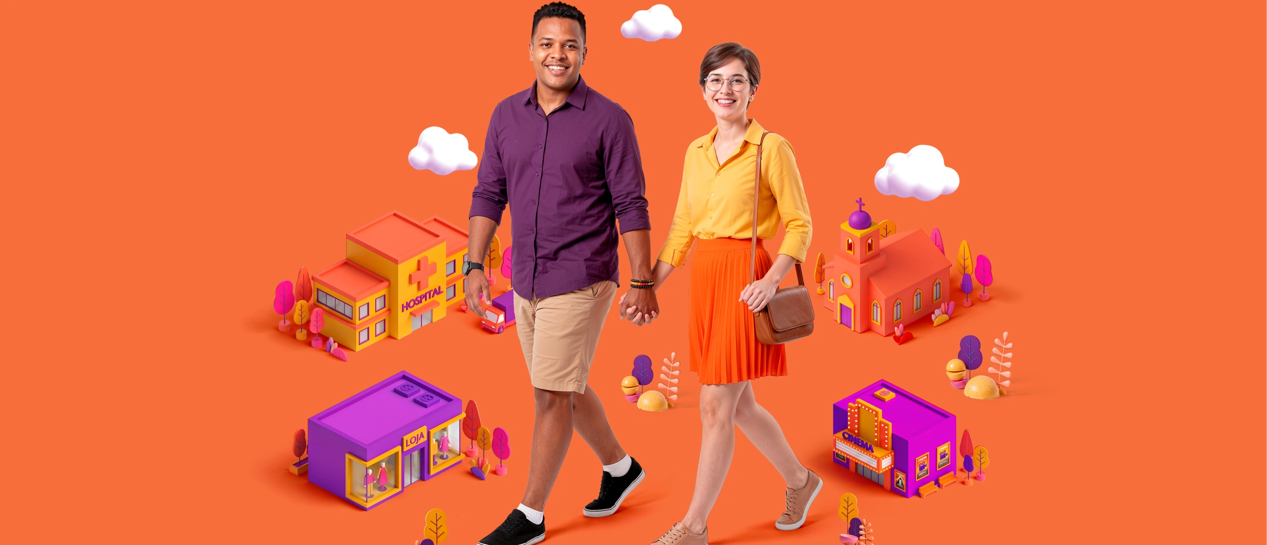 Casal caminhando pelo bairro, cercado por ilustrações do hospital, mercado, igreja e cinema